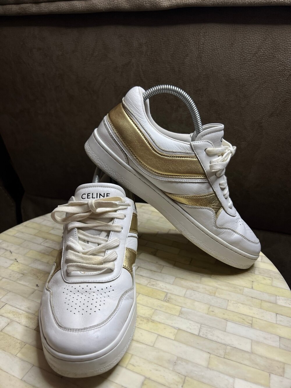 CELINE Trainer Low Lace-Up Sneakers in Optic White and Gold